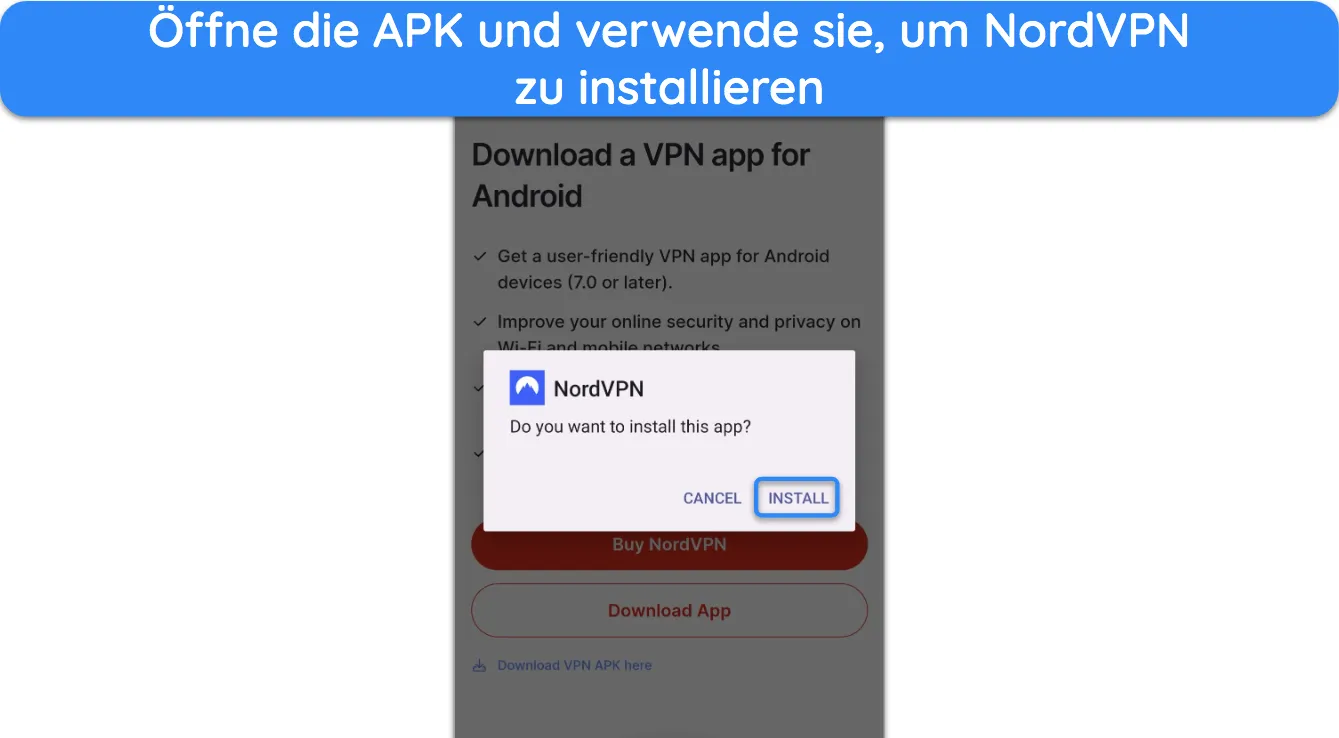 Screenshot, der zeigt, wie man NordVPN mithilfe der APK-Datei installiert.