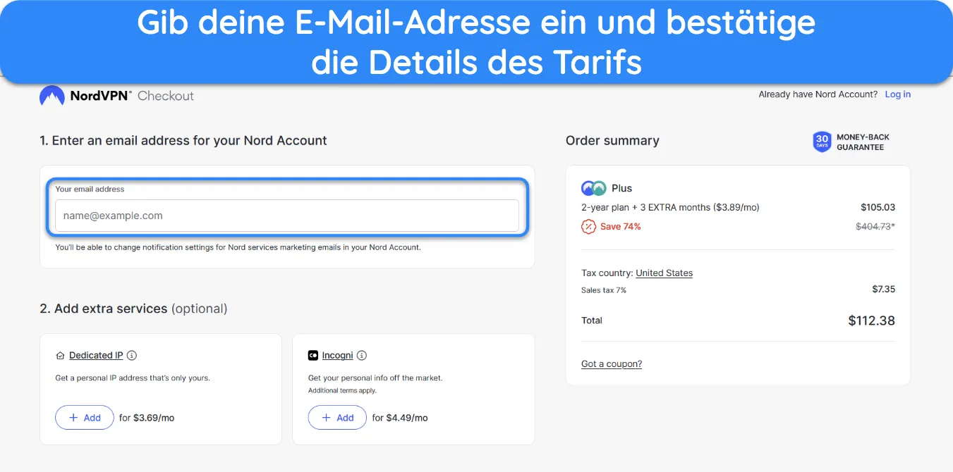 Screenshot, der zeigt, wie man die Details zu seinem NordVPN-Abonnement bestätigt.