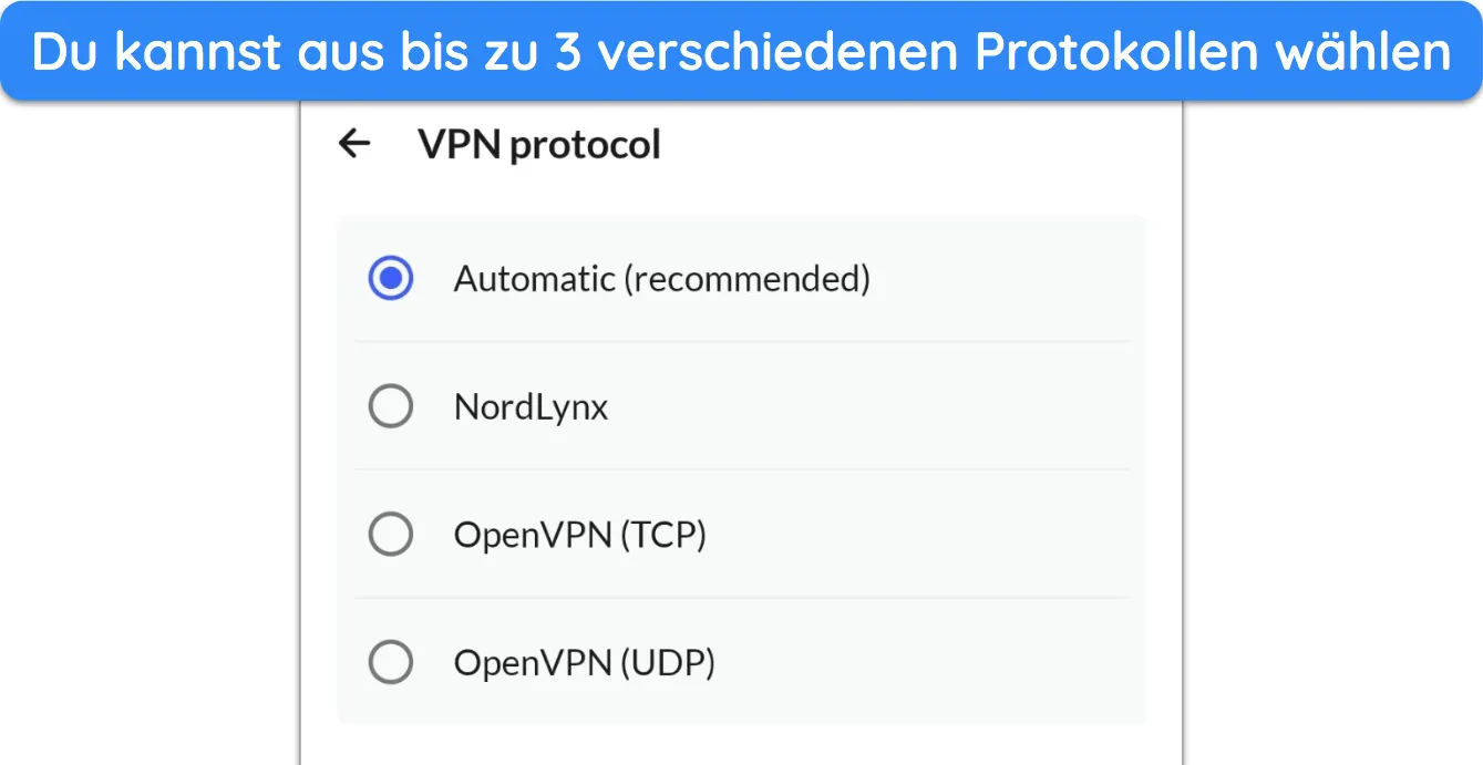 Screenshot, der die verfügbaren Protokolle in der Android-App von NordVPN zeigt.