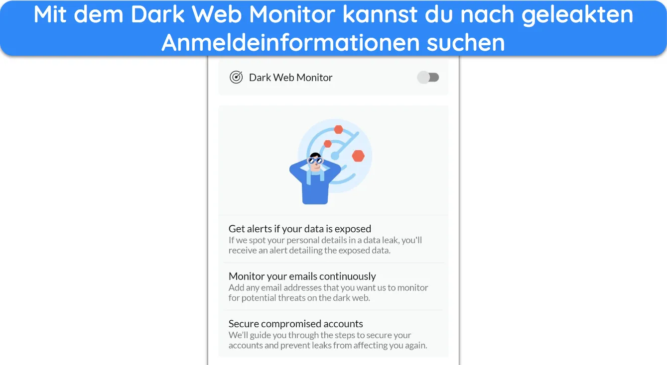 Screenshot, der den Dark Web Monitor von NordVPN in der Android-App zeigt.