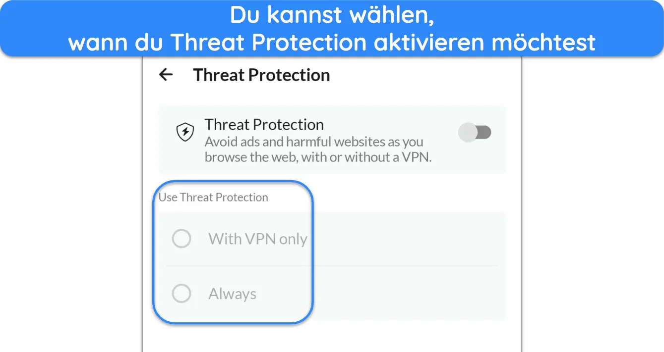 Screenshot, der die Anpassungsoptionen für den Bedrohungsschutz in der Android-App von NordVPN zeigt.