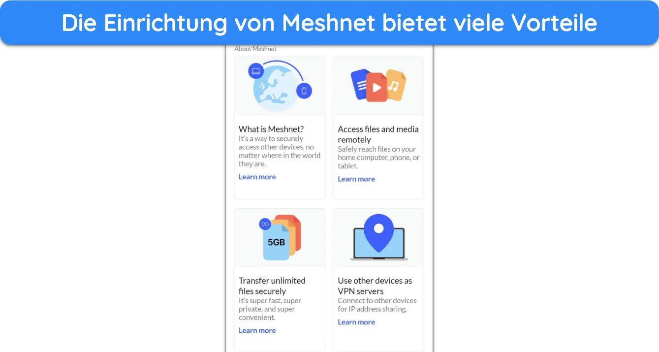 Screenshot, der die Vorteile der Meshnet-Funktion von NordVPN zeigt.