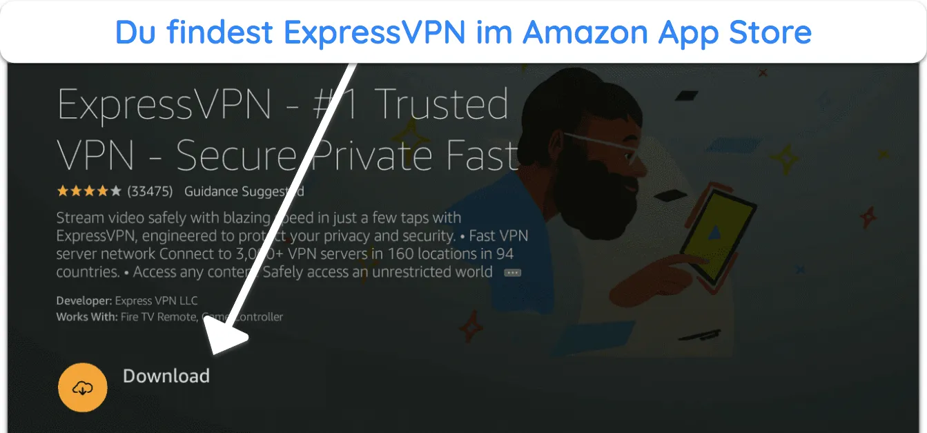 Screenshot, wie man die App von ExpressVPN im Amazon App Store findet und auf einen Fire Stick herunterlädt.