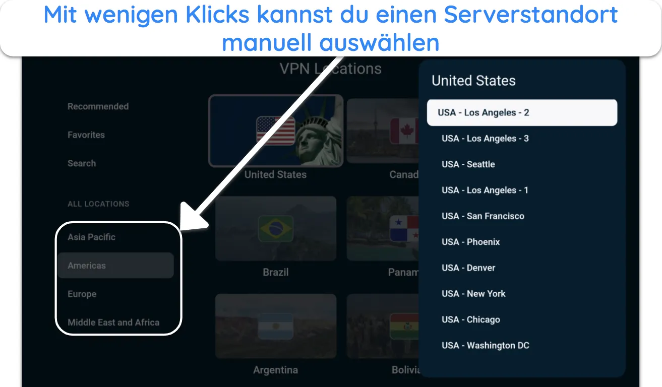 Screenshot, der zeigt, wie man in der Fire Stick-App von ExpressVPN einen Server auswählt.