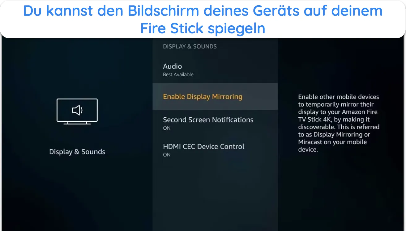 Screenshot, wie man die Displayspiegelung auf dem Amazon Fire Stick aktiviert.