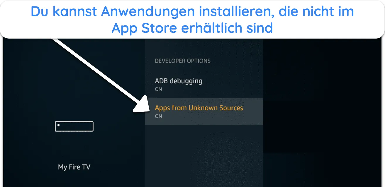 Screenshot von Apps aus unbekannten Quellen, die auf Fire TV aktiviert sind.