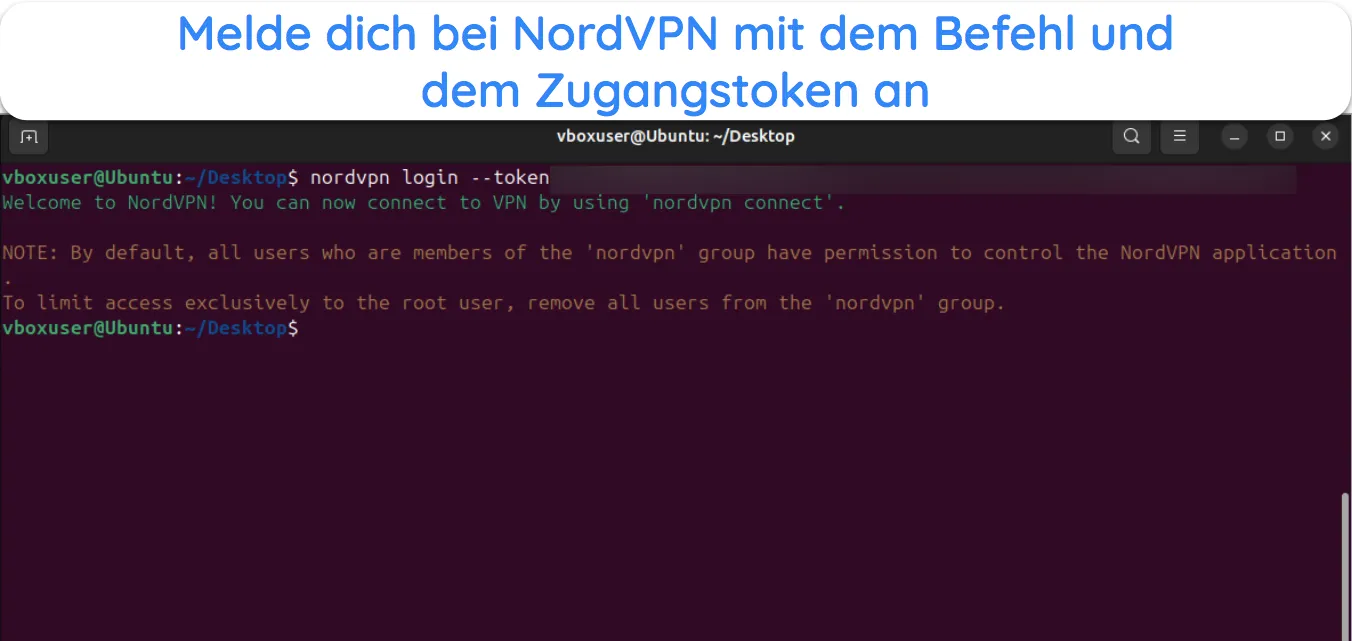 Screenshot, der zeigt, wie man sich unter Linux mit dem Zugriffstoken bei NordVPN anmeldet.