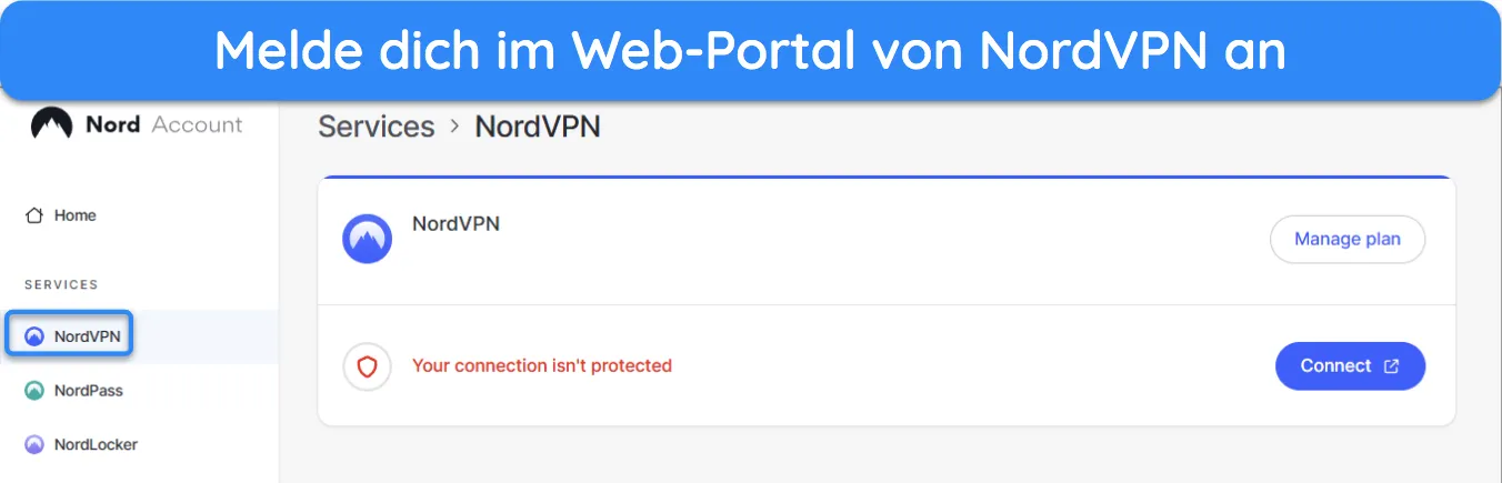 Screenshot, der das NordVPN-Webportal zeigt.