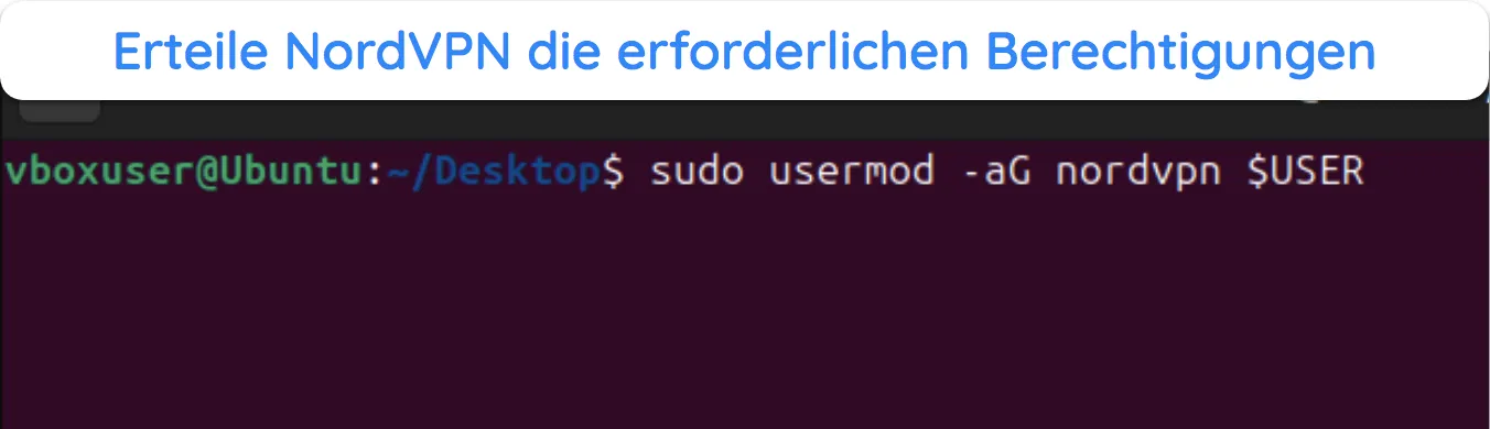 Screenshot, der zeigt, wie man NordVPN die erforderlichen Berechtigungen erteilt, um unter Linux ordnungsgemäß ausgeführt zu werden.