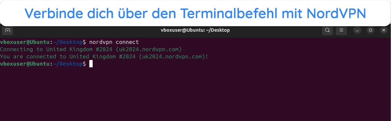 Screenshot, der zeigt, wie man sich nach der Anmeldung unter Linux mit NordVPN verbindet.