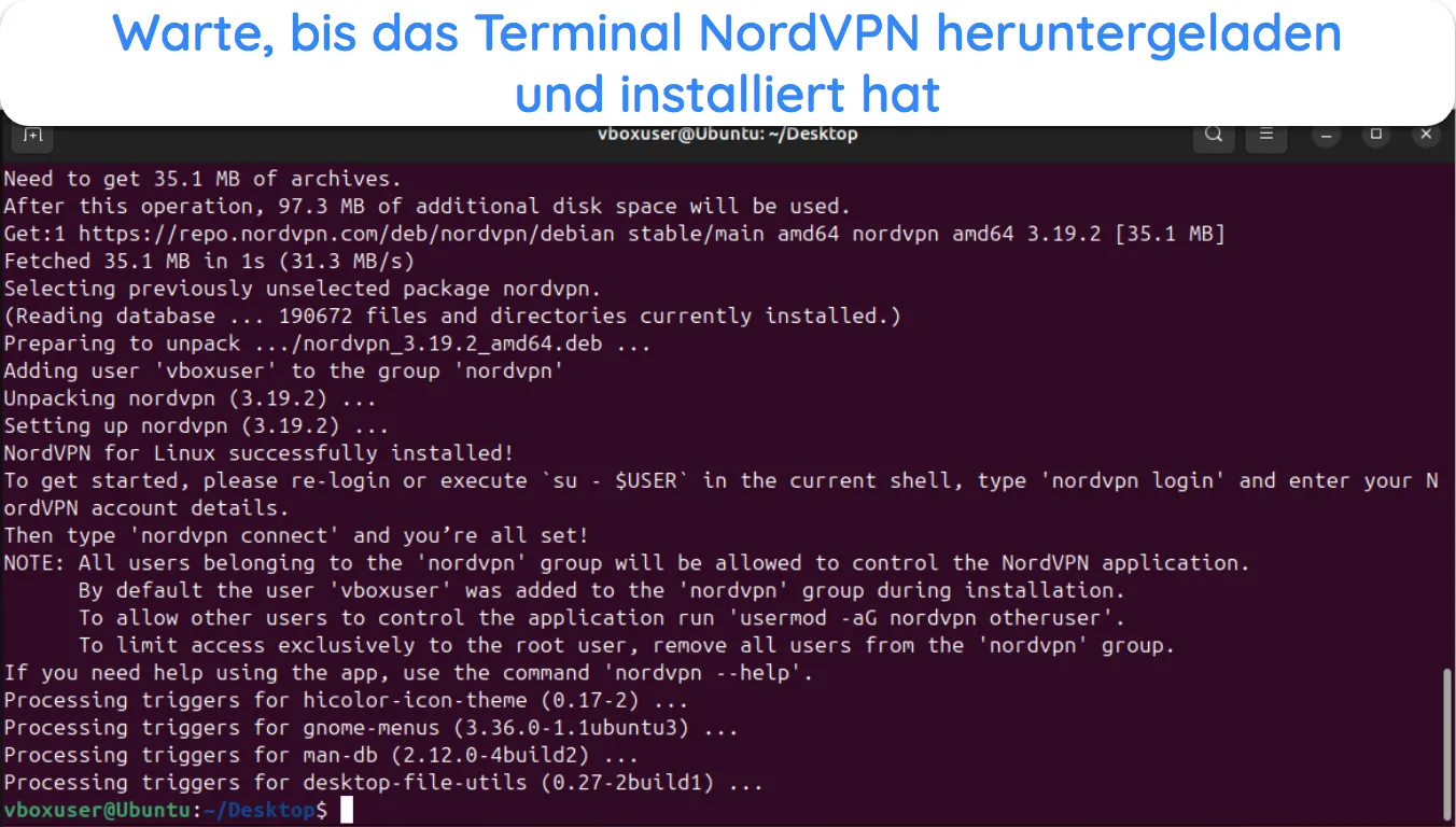 Screenshot des Linux-Terminals, das NordVPN herunterlädt und installiert.