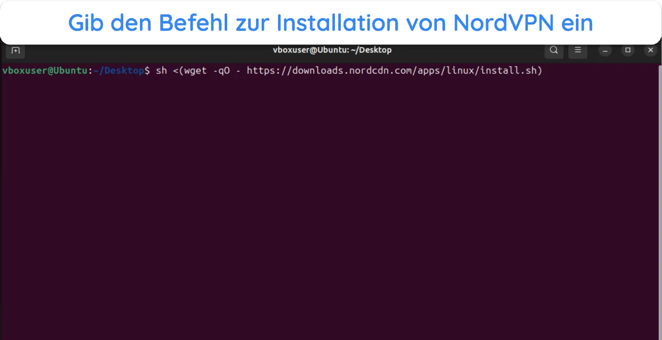 Screenshot, der zeigt, wie man NordVPN mit einem Linux-Terminalbefehl installiert.