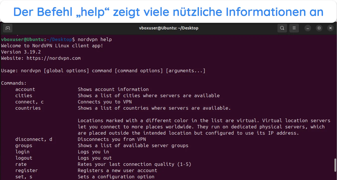 Screenshot, der die verschiedenen in NordVPN für Linux verfügbaren Terminalbefehle zeigt.