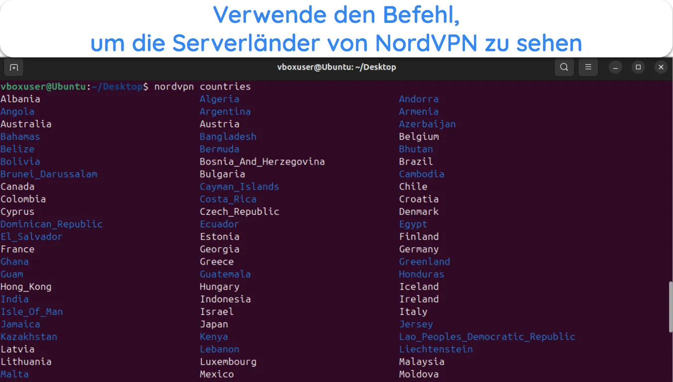 Screenshot, der zeigt, wie man alle verfügbaren NordVPN-Serverländer unter Linux anzeigt.