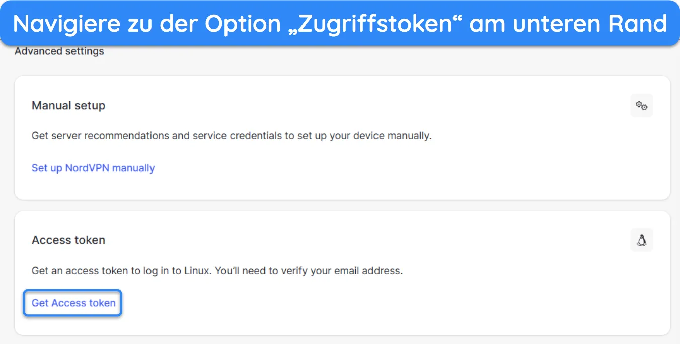 Screenshot, der den Abschnitt mit dem Zugriffstoken des NordVPN-Webportals zeigt.