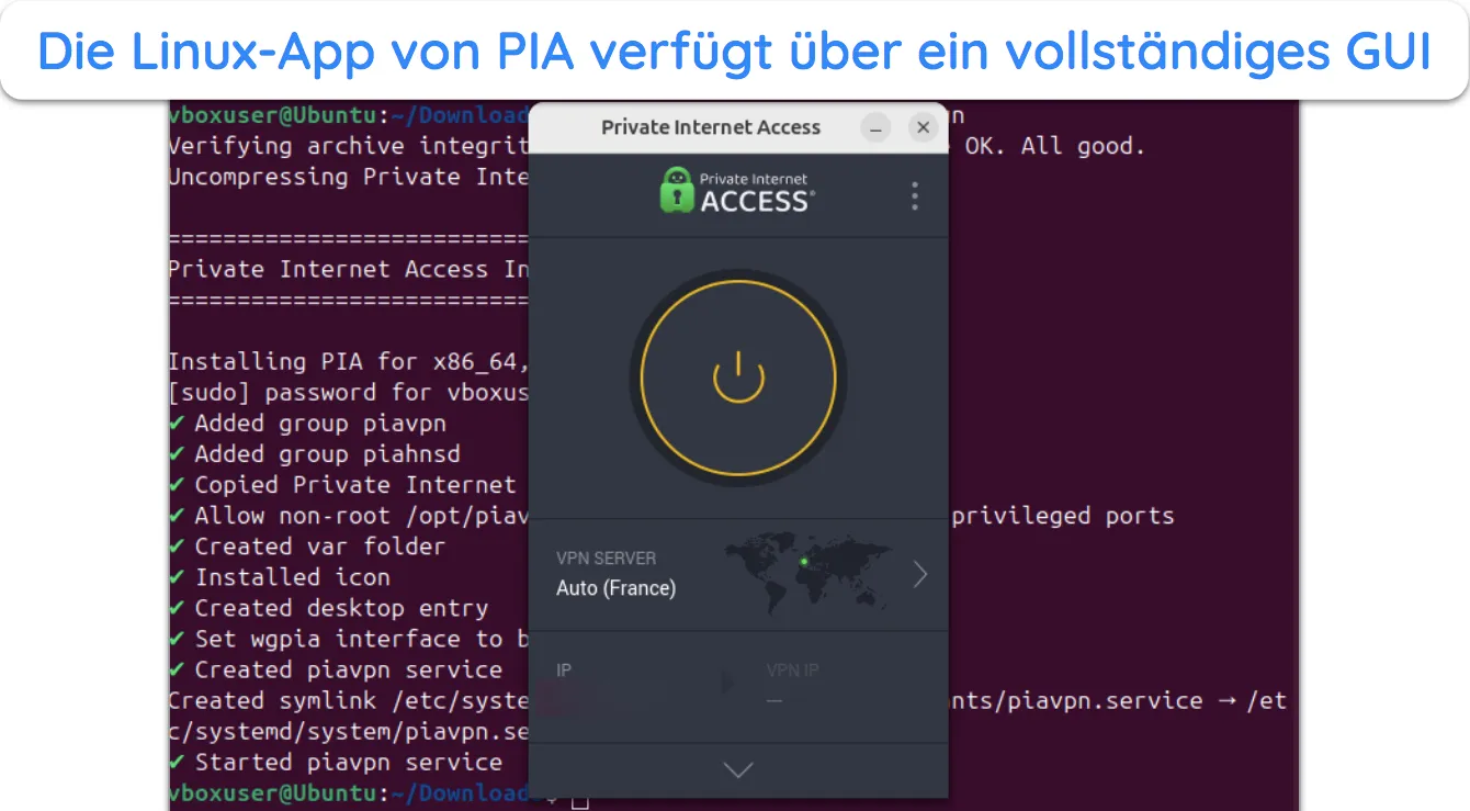 Screenshot, der die GUI von PIA unter Linux zeigt.