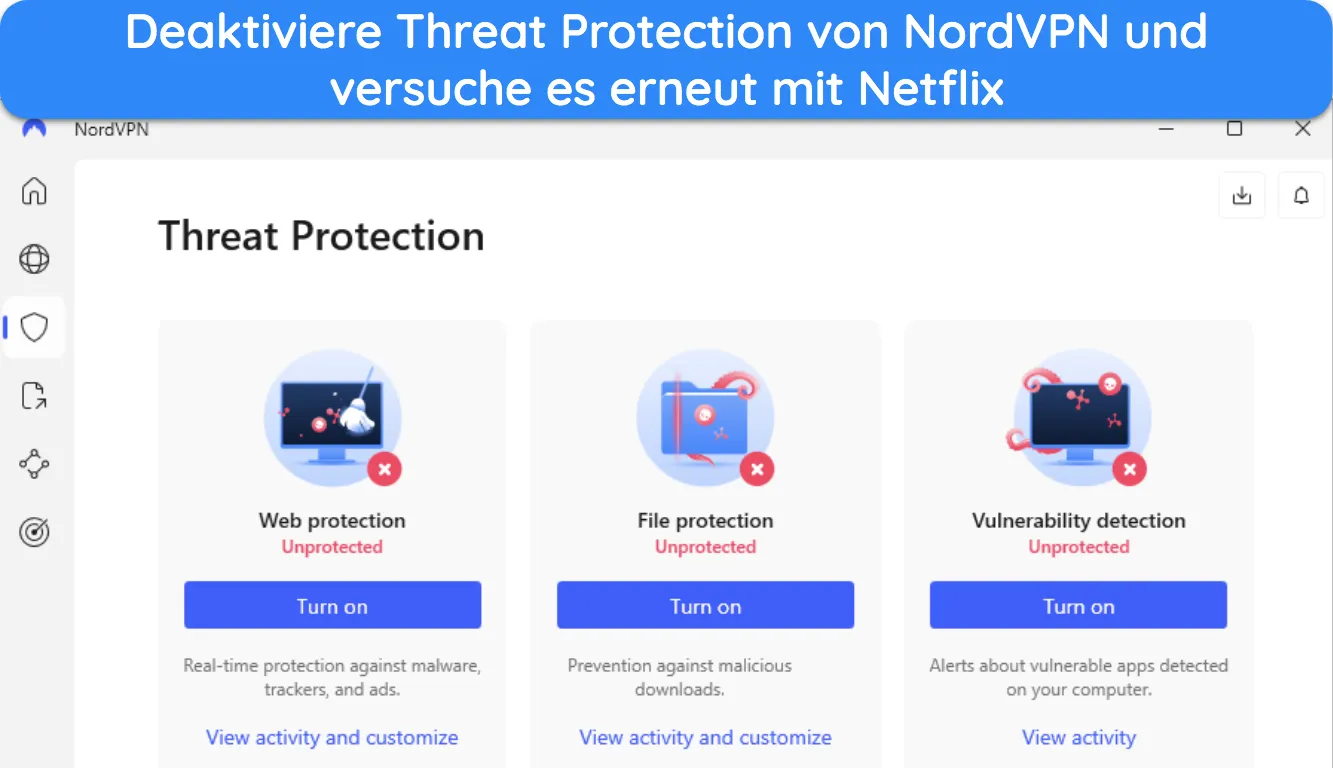 Bild der Windows-App von NordVPN, in der die Funktion „Bedrohungsschutz“ angezeigt wird.