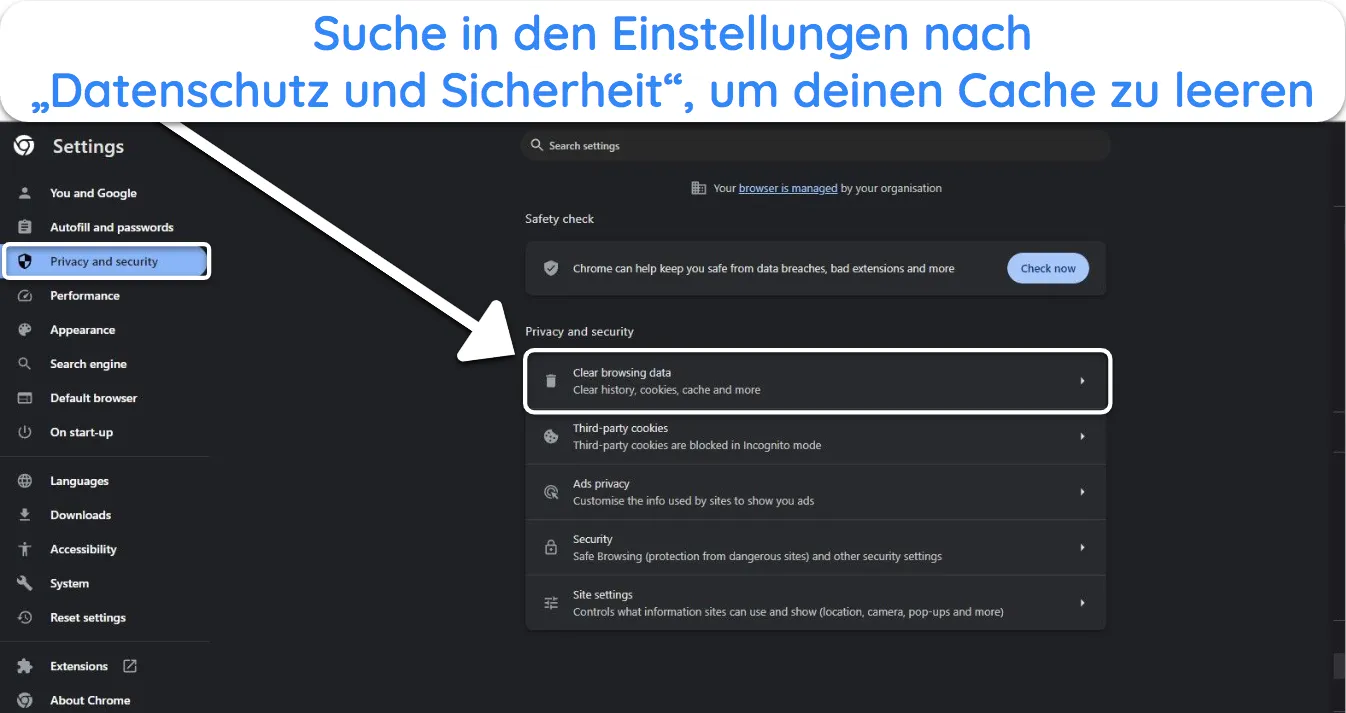 Bild der Datenschutz- und Sicherheitseinstellungen des Chrome-Browsers, in dem die Option zum „Löschen von Browserdaten“ hervorgehoben ist.