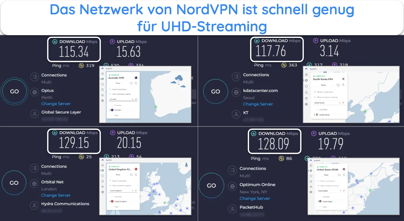 Screenshots der Geschwindigkeitstestergebnisse von Ookla, in denen NordVPN mit Servern in Australien, Südkorea, Großbritannien und den USA verbunden ist.