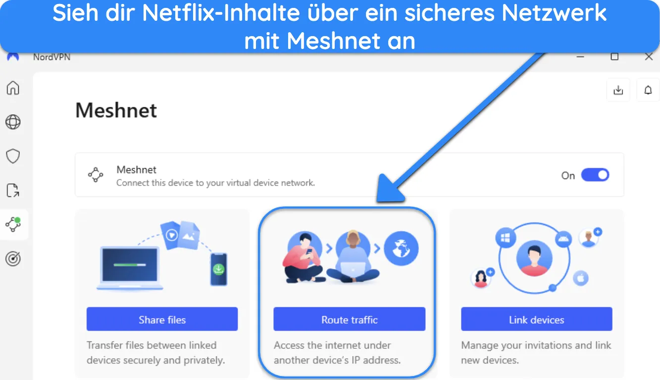 Bild der Windows-App von NordVPN, in der die Meshnet-Funktion angezeigt wird.