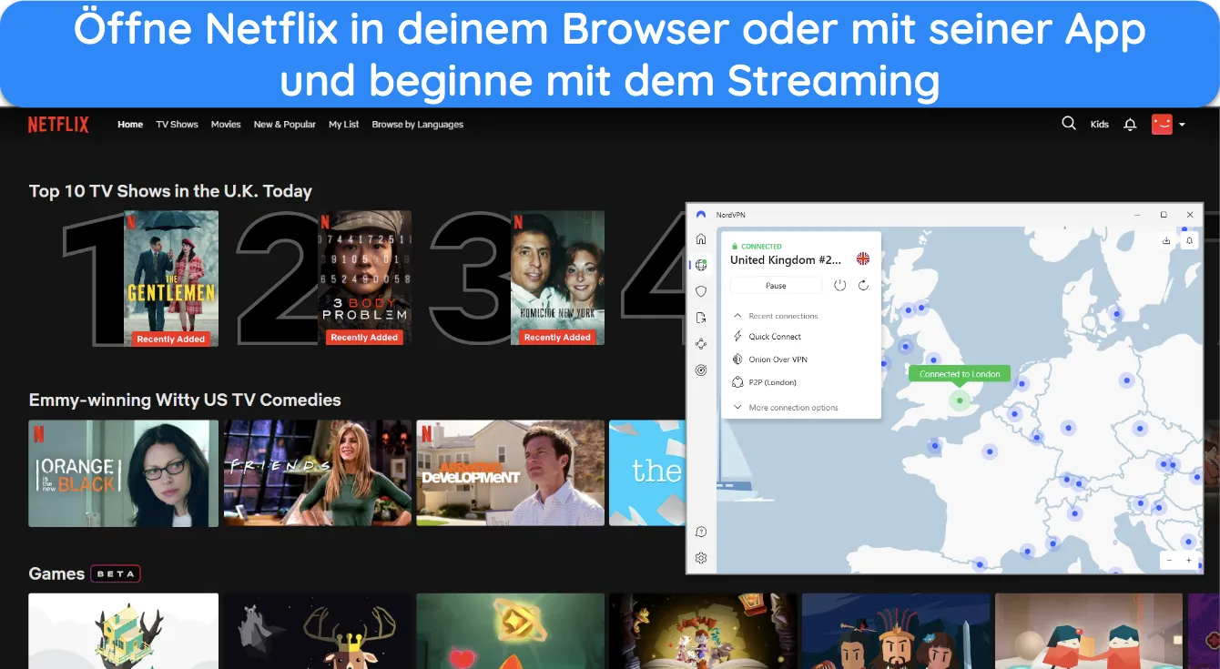 Bild von Netflix UK in einem Browserfenster mit NordVPN, das mit einem London-UK-Server verbunden ist.