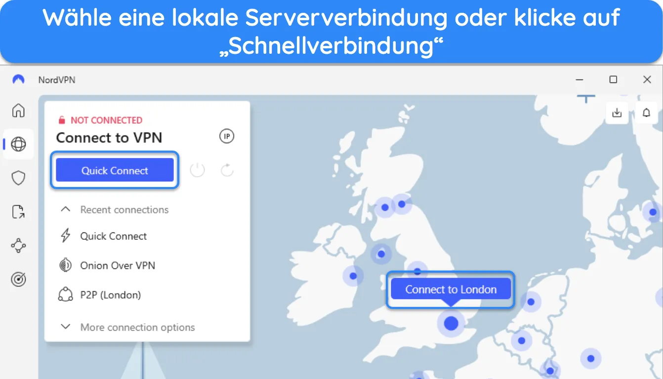 Screenshot der Windows-App von NordVPN, in der die Kartenserververbindung für London und die Schaltfläche „Quick Connect“ hervorgehoben sind.