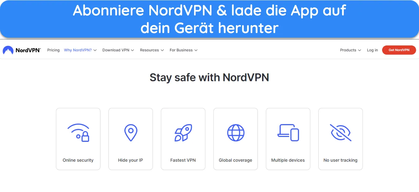 Screenshot der Homepage der NordVPN-Website.