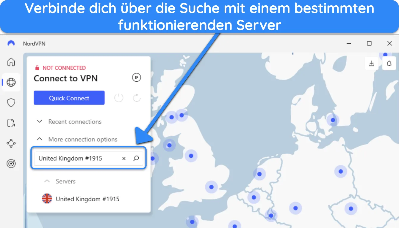 Bild der Windows-App von NordVPN, in dem die Serversuchfunktion angezeigt wird.