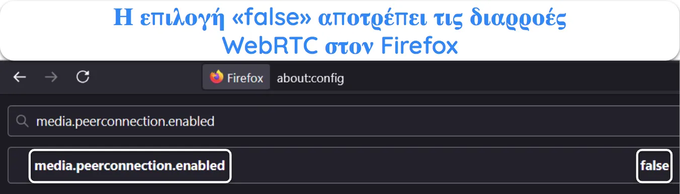 Στιγμιότυπο οθόνης που δείχνει πώς να απενεργοποιήσετε το WebRTC στον Firefox.