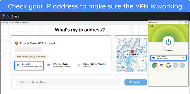 image of WizCase's IP address lookup tool showing a US IP, with ExpressVPN connected to a server in New York, USA.