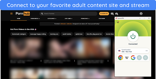 image of Pornhub's homepage with ExpressVPN connected to a US server.