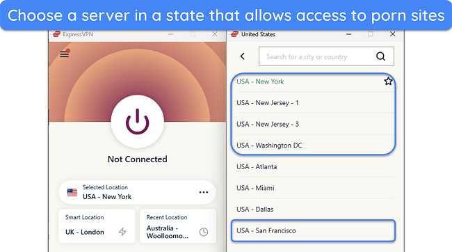 image of ExpressVPN's Windows app, highlighting the servers in the US where adult content is easily accessible.