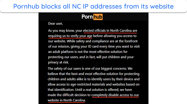 screenshot of Pornhub's block notice for North Carolina.