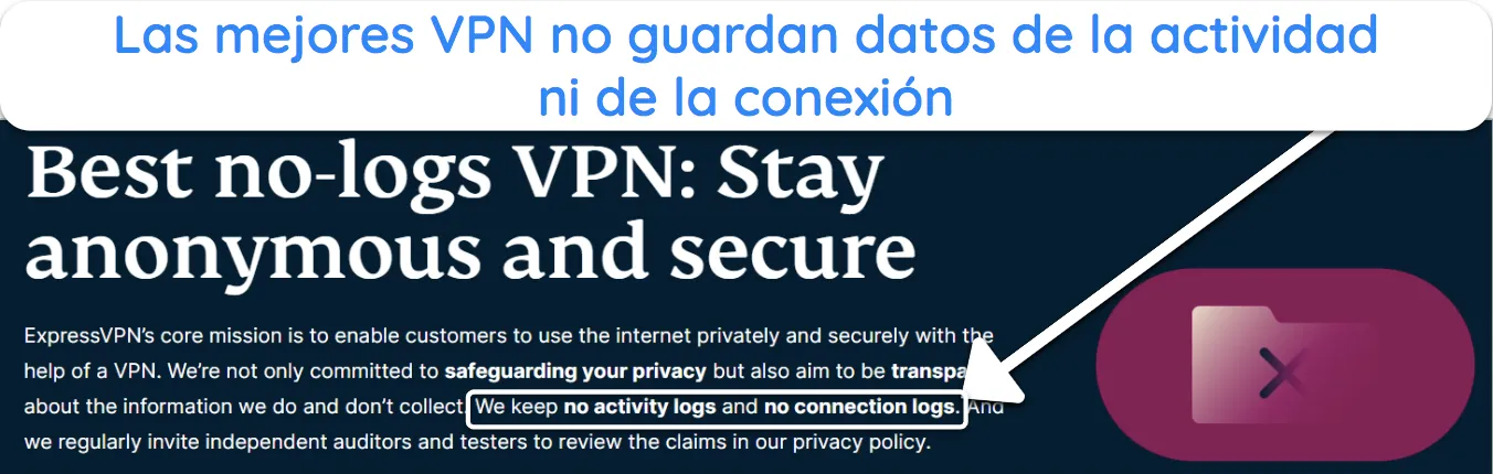 Captura de pantalla que muestra cómo ExpressVPN no guarda ningún registro.