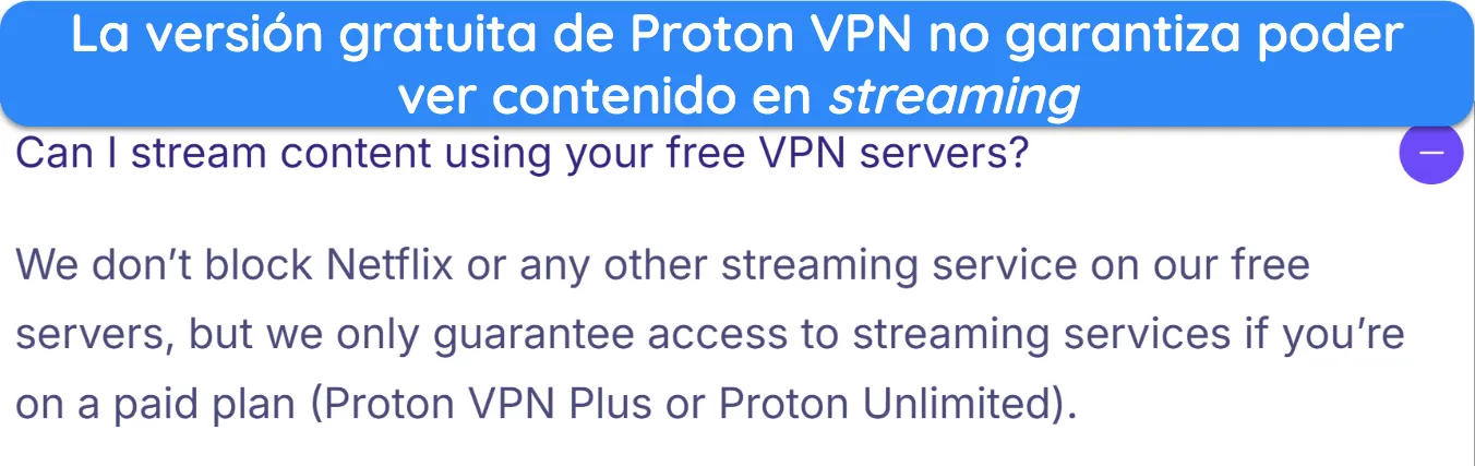 Captura de pantalla que muestra que no se garantiza que Proton VPN gratuito funcione con servicios de streaming.