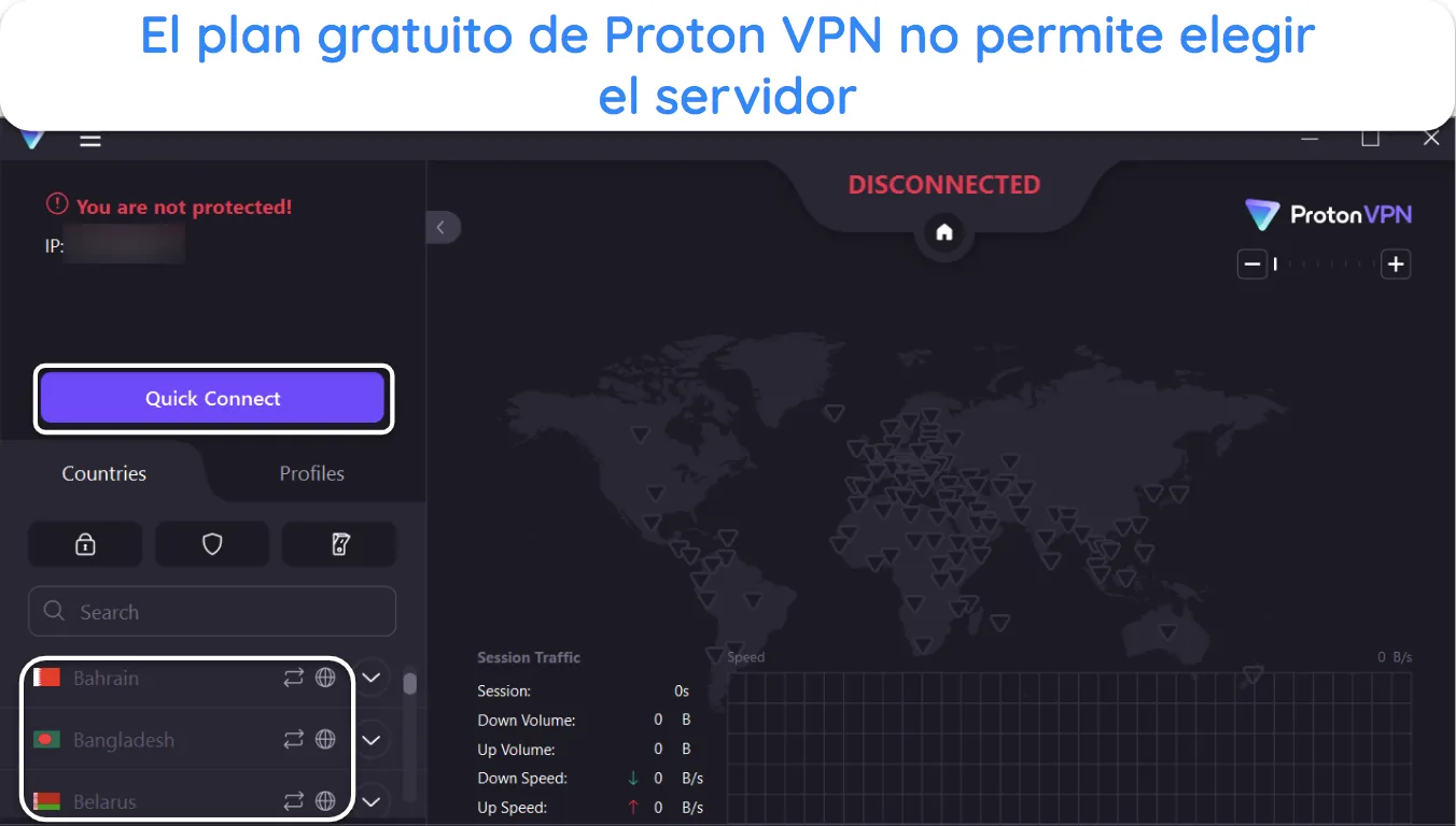 Captura de pantalla que muestra cómo no se puede elegir manualmente un servidor cuando se usa el plan gratuito de Proton VPN.