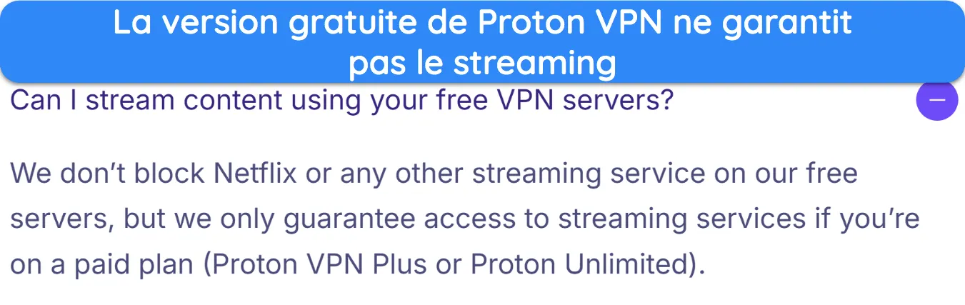 Capture d'écran montrant que Proton VPN gratuit n'est pas garanti de fonctionner avec les services de streaming.