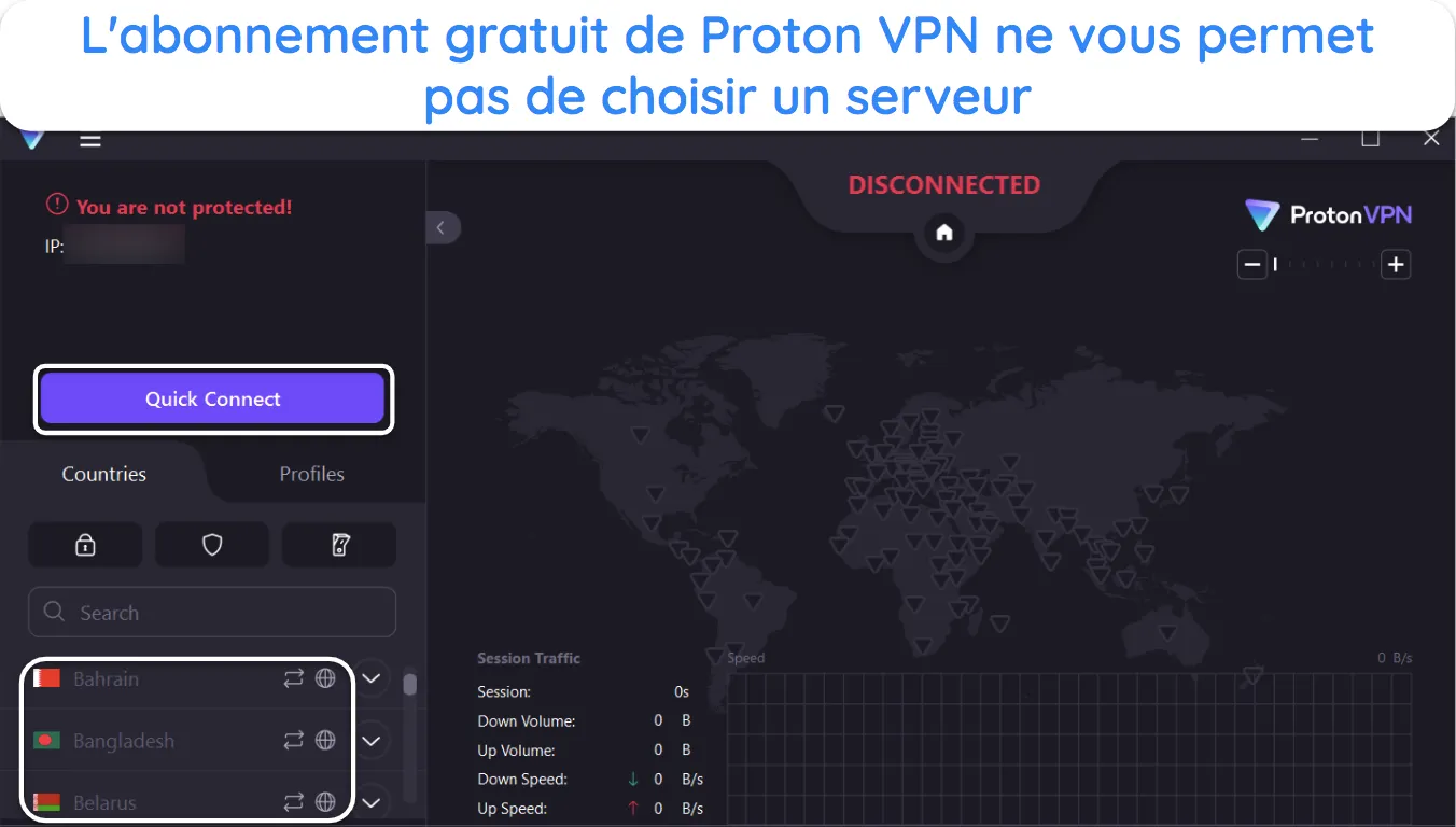 Capture d'écran montrant que vous ne pouvez pas choisir manuellement un serveur lorsque vous utilisez le forfait gratuit de Proton VPN.