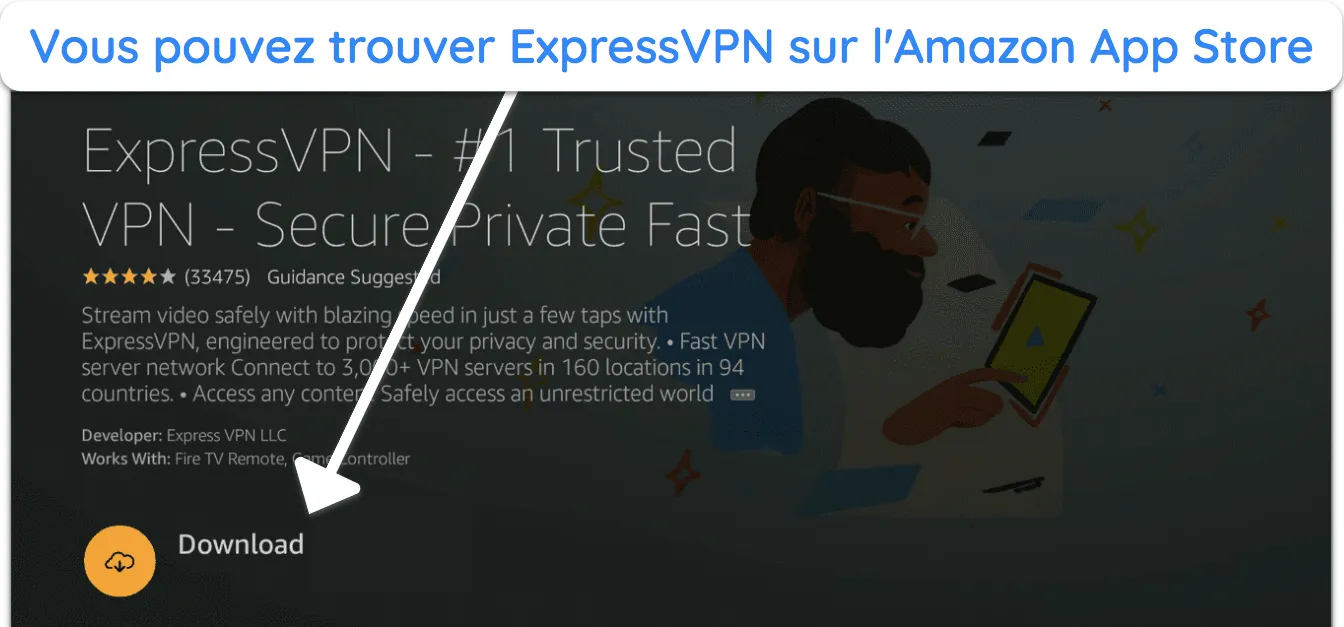 Capture d'écran montrant comment trouver l'application ExpressVPN sur Amazon App Store et la télécharger sur un Fire Stick.