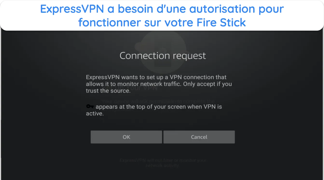 Capture d'écran d'ExpressVPN demandant l'autorisation de fonctionner sur Amazon Fire Stick après avoir été installé.