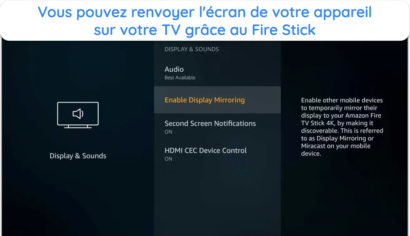 Capture d'écran montrant comment activer la mise en miroir de l'affichage sur Amazon Fire Stick.