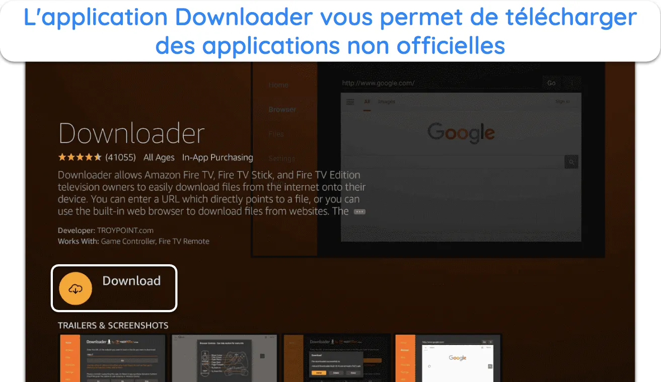 Capture d'écran de l'application Downloader sur l'Amazon App Store.