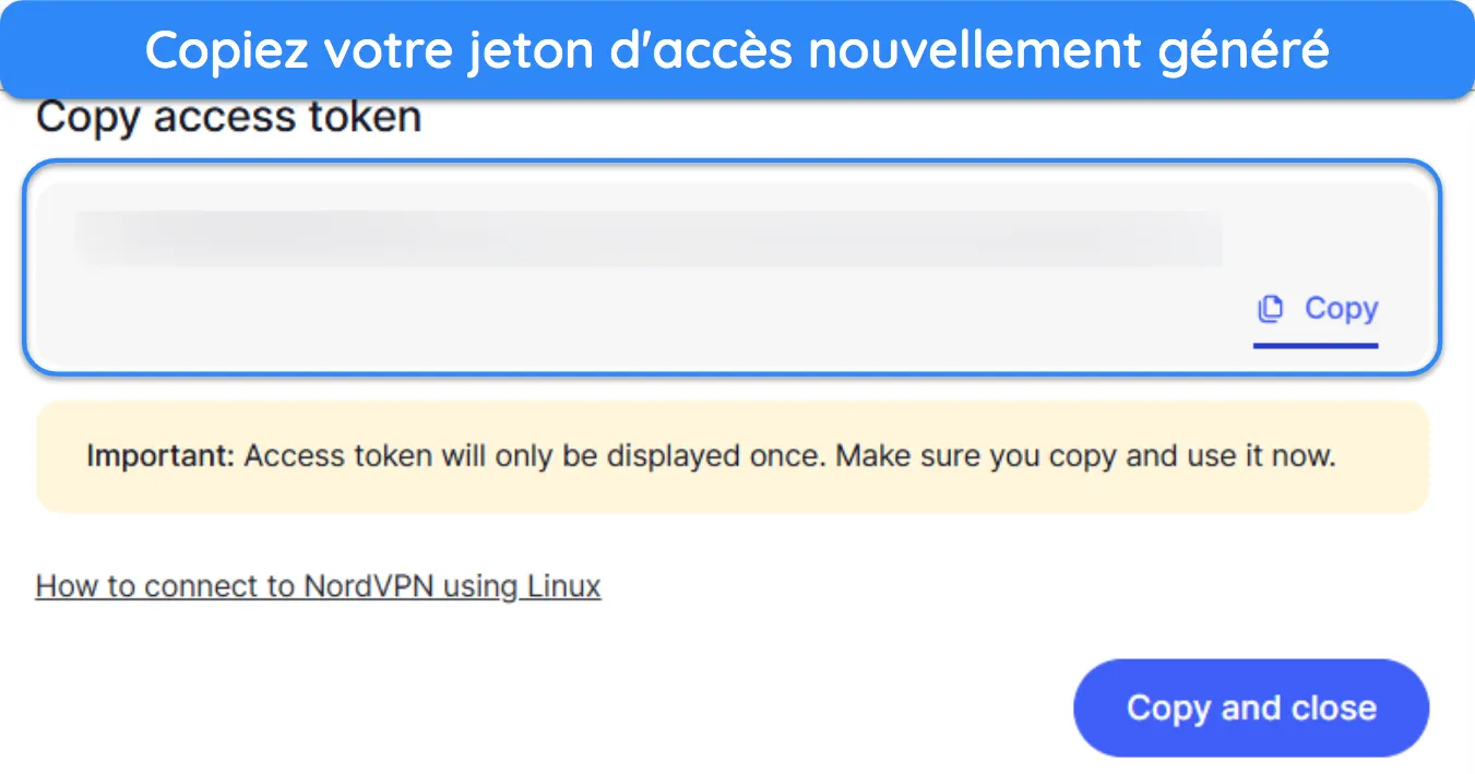 Capture d'écran montrant comment copier un nouveau jeton d'accès à partir du portail Web de NordVPN.