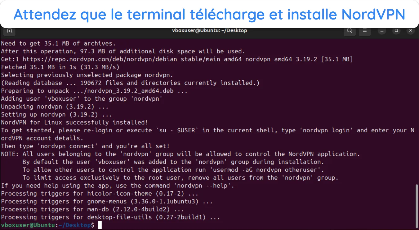 Capture d'écran du terminal Linux téléchargeant et installant NordVPN.