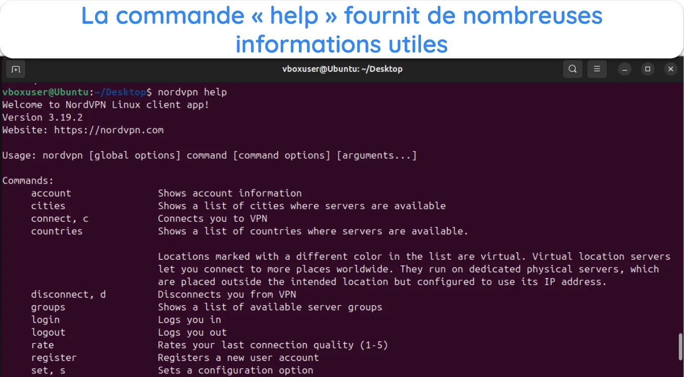 Capture d'écran montrant les différentes commandes de terminal disponibles dans NordVPN pour Linux.