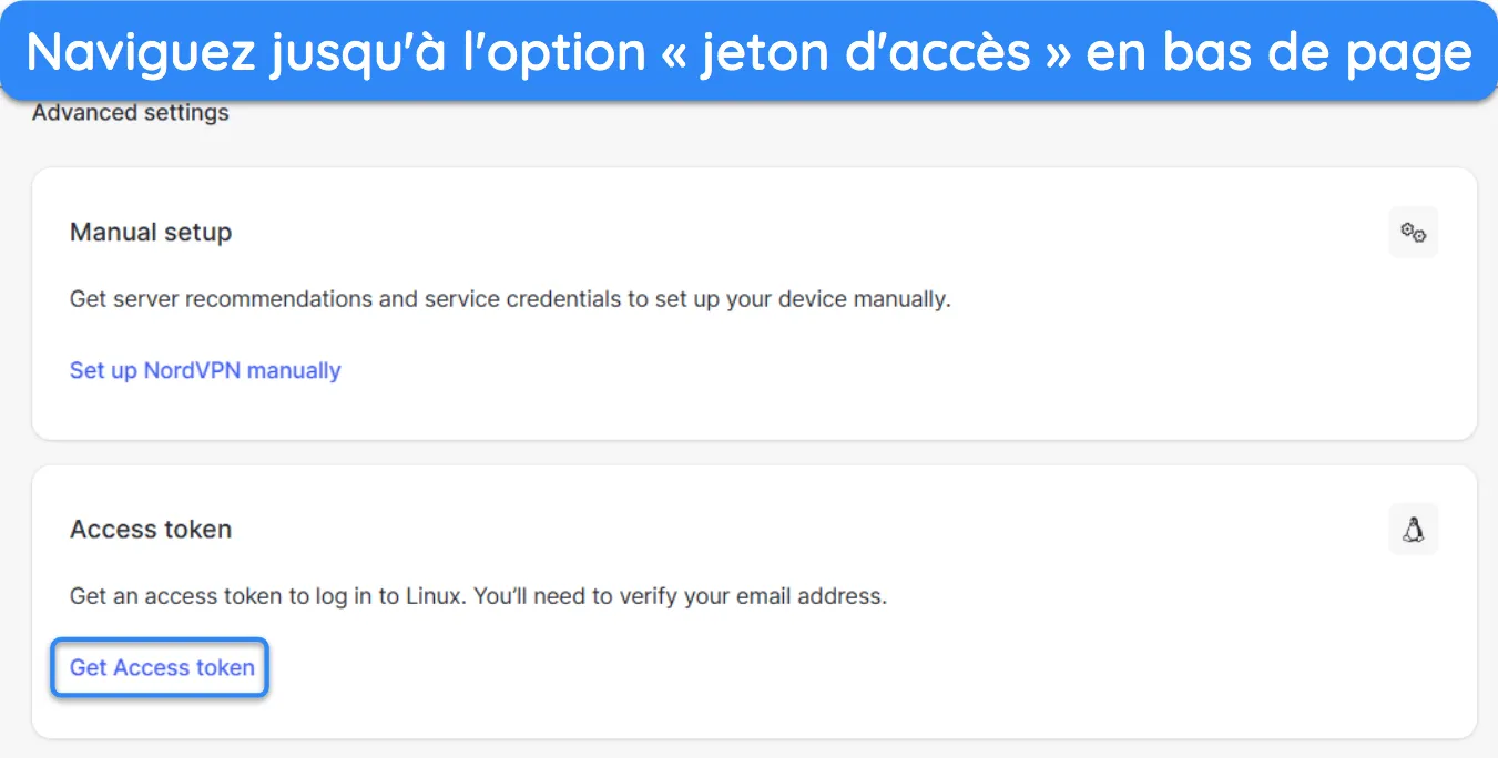 Capture d'écran montrant la section du jeton d'accès du portail Web de NordVPN.