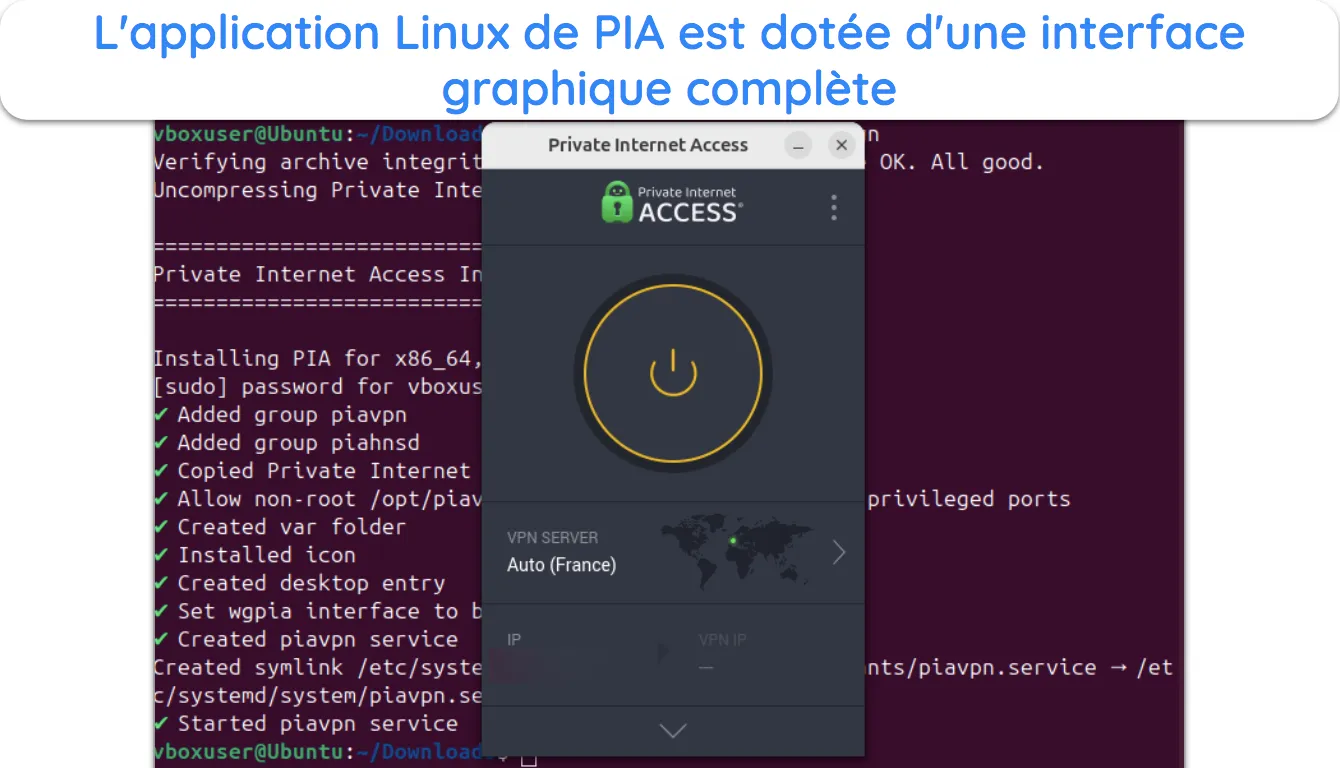 Capture d'écran montrant l'interface graphique de PIA sous Linux.