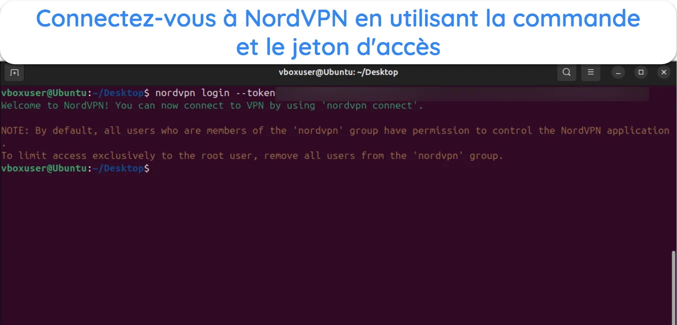 Capture d'écran montrant comment se connecter à NordVPN sur Linux à l'aide du jeton d'accès.