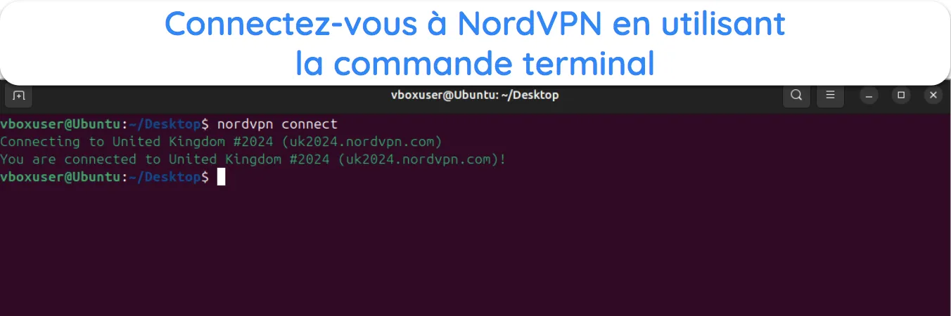 Capture d'écran montrant comment se connecter à NordVPN sur Linux après s'être connecté.