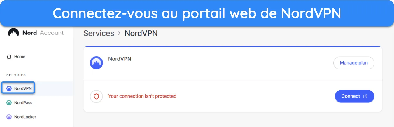 Capture d'écran montrant le portail Web de NordVPN.